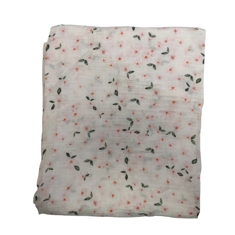 Pottery Barn Kids Organic Cotton Muslin Swaddle Blanket Floral Pink White 47x47‎
